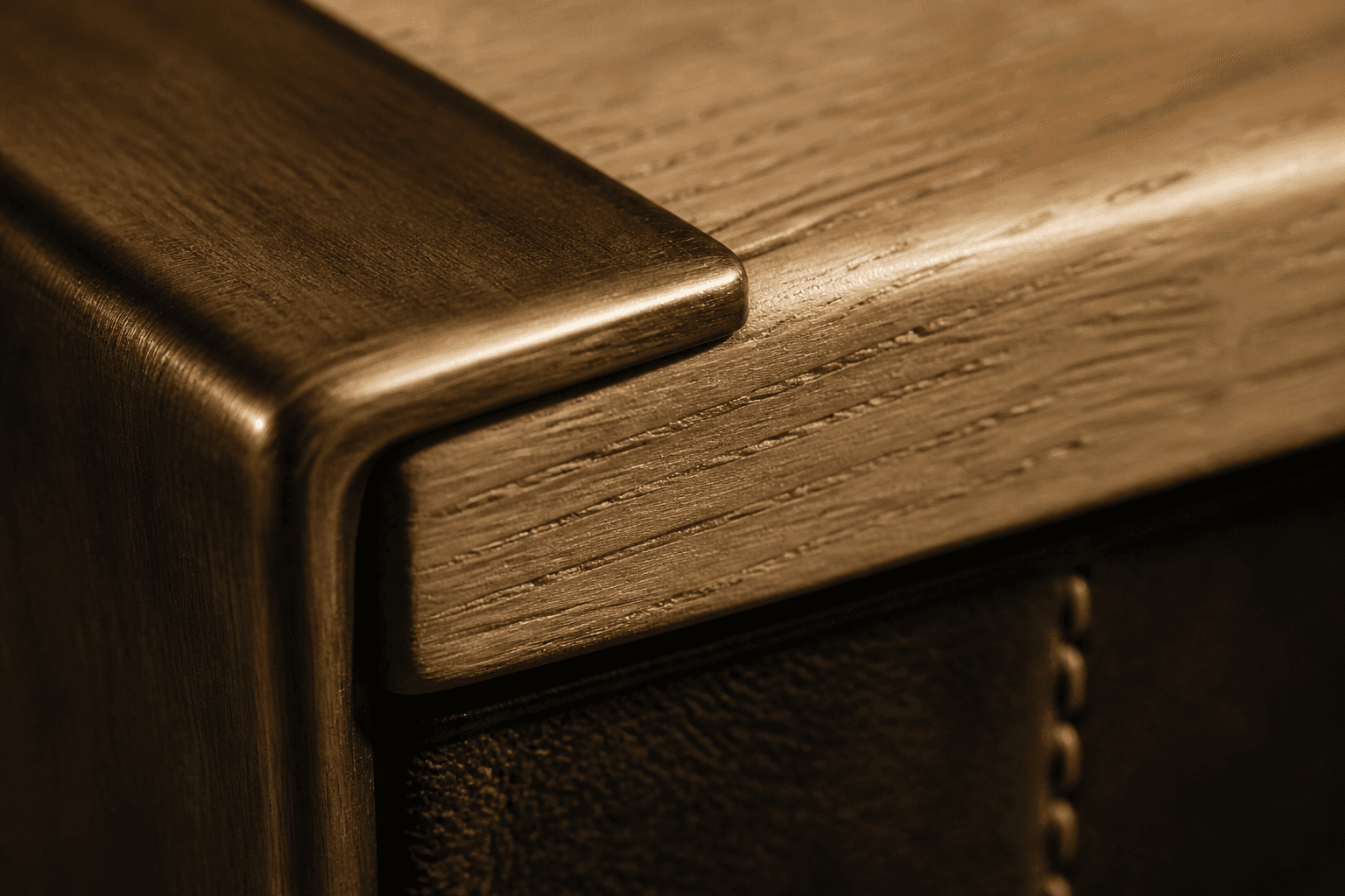 Nahaufnahme einer Materialfügung aus Holz und Metall.