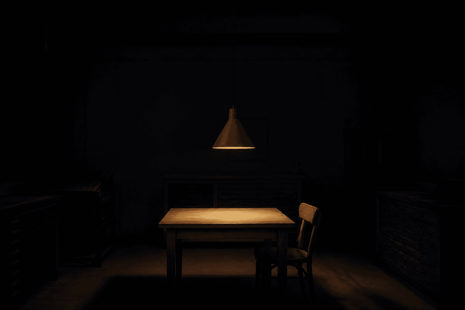 Studio bei Nacht, isoliertes Licht auf dem Arbeitstisch.